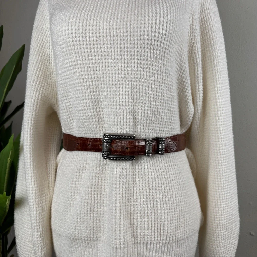 Vintage Equestrian Croc Embossed Calfskin Vicenza Sport Brown Belt Womens 28